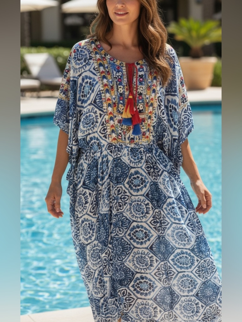 Chloe Laetitia Blue Boho Embroidered Tassel Midi Dress S/M Raw Hem Unfinished
